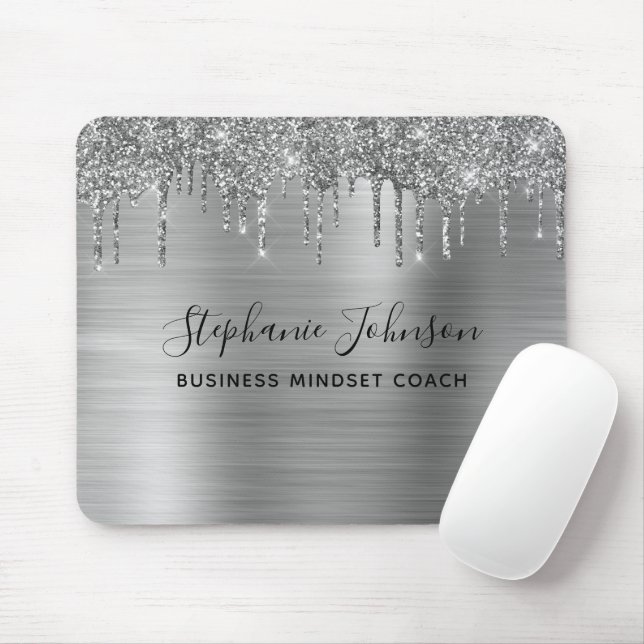 Elegant Metallic Silver Sparkly Glitter Drip Mouse Pad (With Mouse)