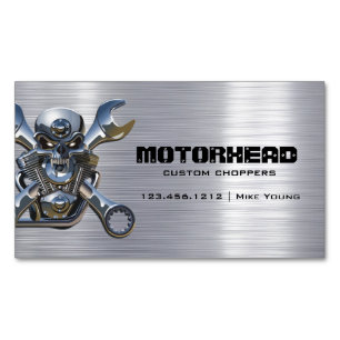 Elegant Metalwork Skull and Wrench Business Card Magnet