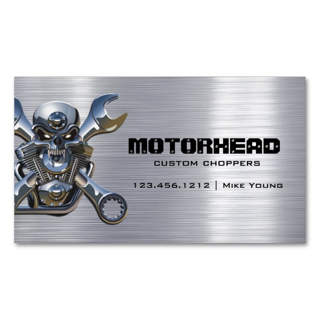 Elegant Metalwork Skull and Wrench Business Card Magnet (Front)