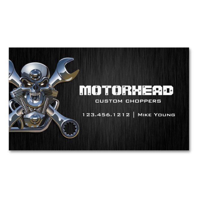 Elegant Metalwork Skull and Wrench Business Card Magnet (Front)
