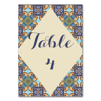 Elegant Mexican Floral Talavera Diamond  Wedding  Table Number