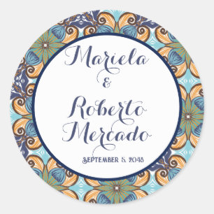 Elegant Mexican Floral Talavera Wedding Classic Round Sticker