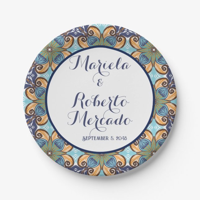 Elegant Mexican Floral Talavera Wedding  Paper Plates (Front)