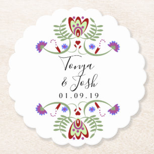 Elegant Mexican Folk Flowers Wedding Mini Heart Paper Coaster