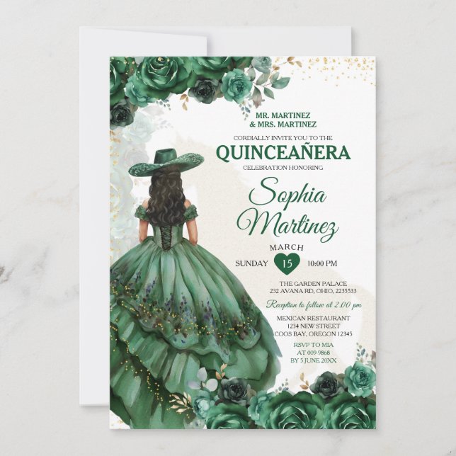 Elegant Mexican Princess Emerald Green Quinceañera Invitation (Front)