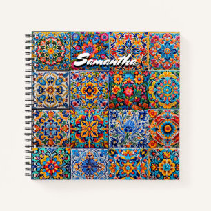 Elegant Mexican Red Yellow Talavera Tiles Monogram Notebook