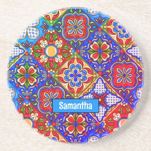 Elegant Mexican talavera red blue purple tiles Coaster (Front)