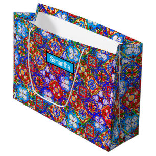 Elegant Mexican talavera red blue purple tiles Large Gift Bag