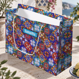 Elegant Mexican talavera red blue purple tiles Large Gift Bag