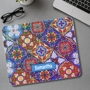 Elegant Mexican talavera red blue purple tiles Mouse Pad