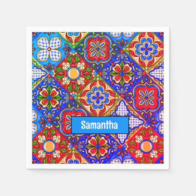 Elegant Mexican talavera red blue purple tiles Napkins (Front)