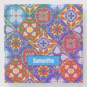 Elegant Mexican talavera red blue purple tiles Stone Coaster
