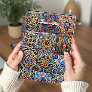Elegant Mexican Talavera Red Yellow Tile Monogram Notebook
