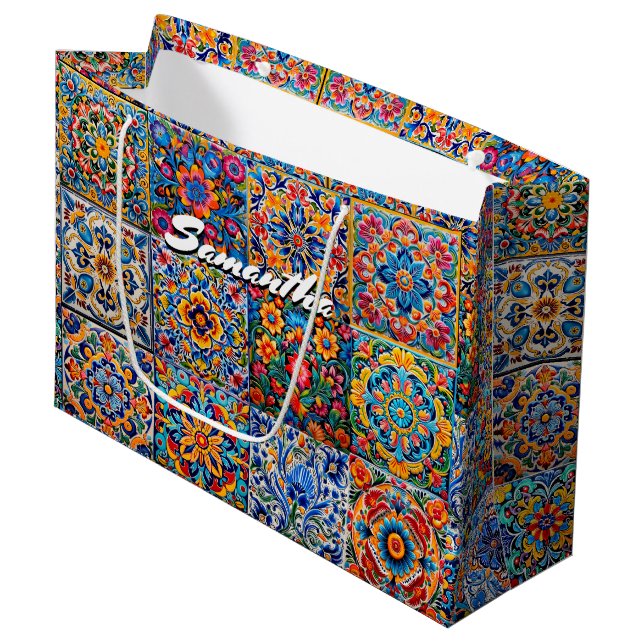 Elegant Mexican talavera red yellow tiles Large Gift Bag (Front Angled)