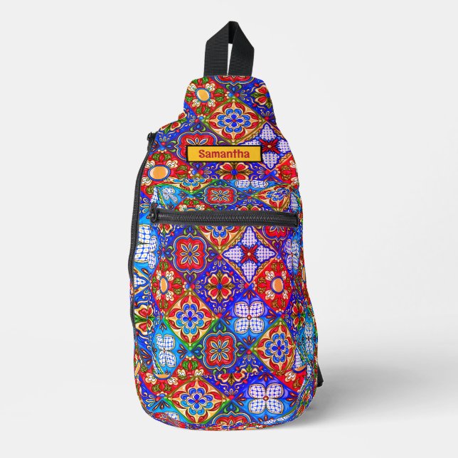 Elegant Mexican talavera red yellow tiles monogram Sling Bag (Front)