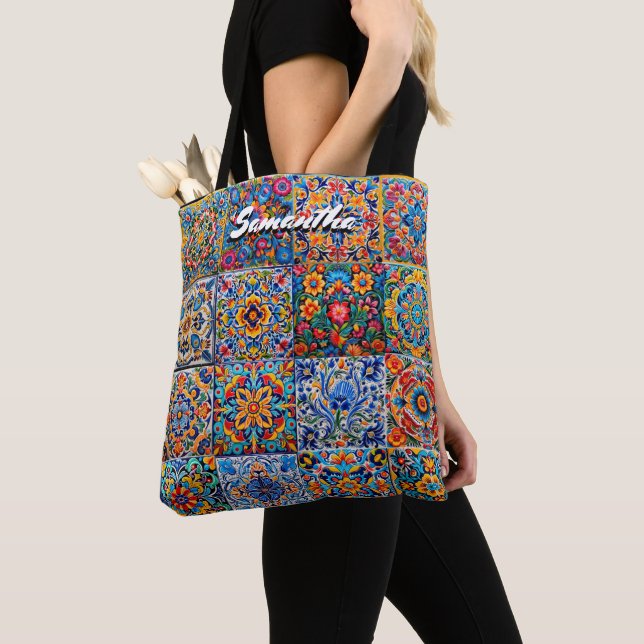 Elegant Mexican talavera red yellow tiles monogram Tote Bag (Close Up)