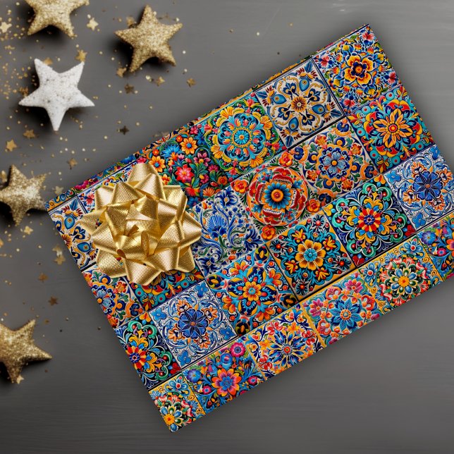 Elegant Mexican talavera red yellow tiles Wrapping Paper (Creator Uploaded)