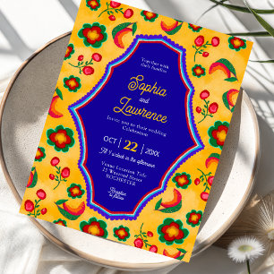  Elegant Mexican vibrant yellow blue wedding Invitation