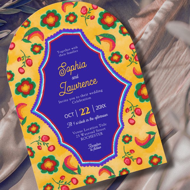  Elegant Mexican vibrant yellow blue wedding Invitation (Creator Uploaded)