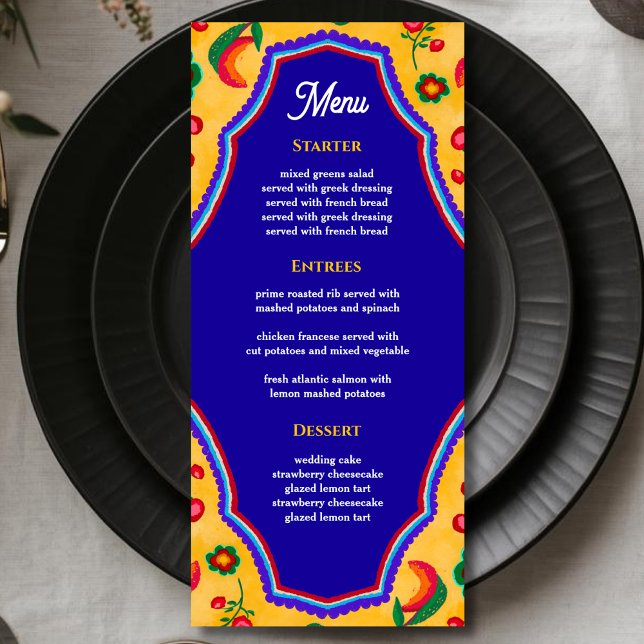  Elegant Mexican vibrant yellow blue wedding Menu (Creator Uploaded)