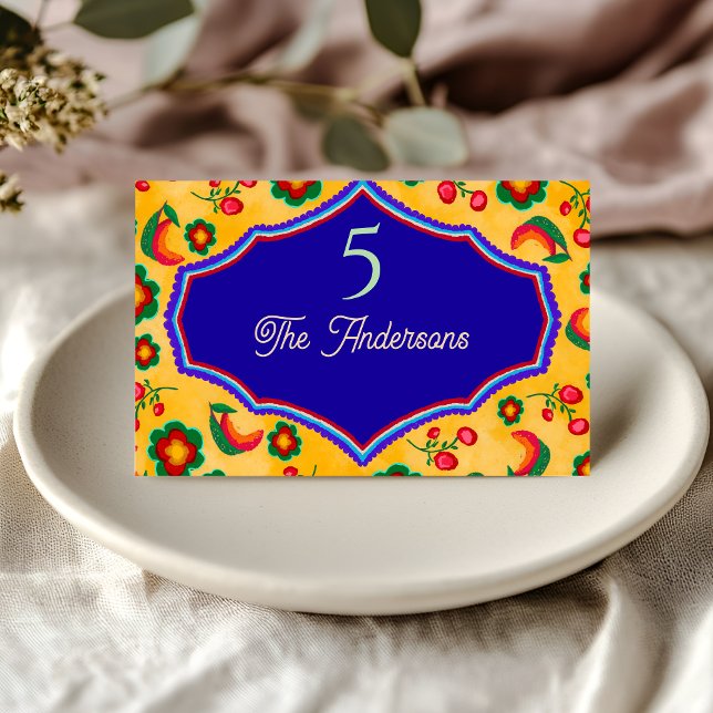  Elegant Mexican vibrant yellow blue wedding Place Card (Creator Uploaded)