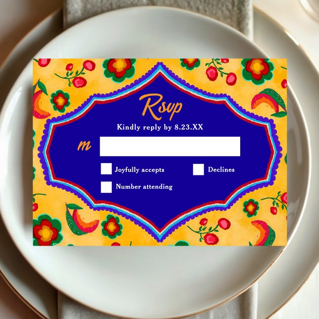  Elegant Mexican vibrant yellow blue wedding RSVP Card (Creator Uploaded)