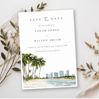 Elegant Miami Florida Palm Trees Beach Watercolor Save The Date