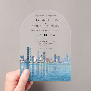 Elegant Miami Skyline Watercolor Wedding Arch Acrylic Invitations