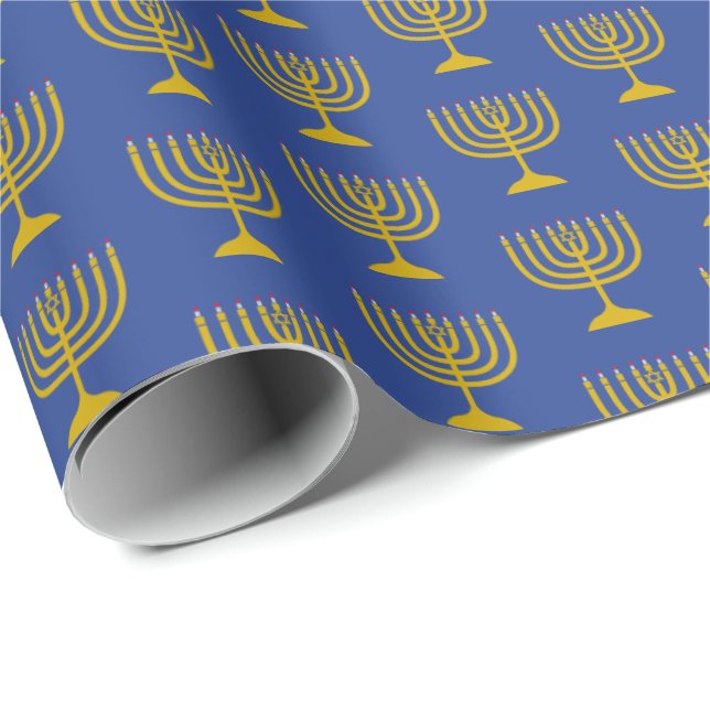 Elegant Mid Blue | Hanukkah | MENORAH Wrapping Paper (Roll Corner)