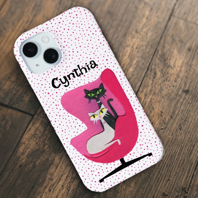 Elegant Mid Century Cats Pink Chair Pink Polka Dot Case-Mate iPhone Case (Mid Century elegant cats in pink chair on white with pink polka dots iPhone case.)