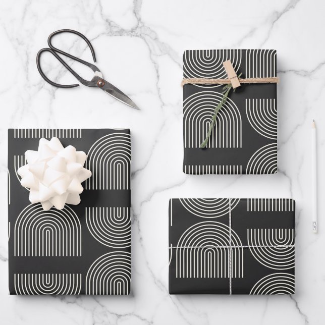 Elegant Mid Century Mod Arch Lines Black and White Wrapping Paper Sheets (Front)