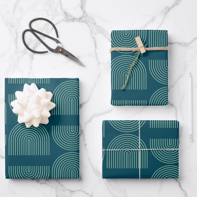 Elegant Mid Century Mod Arch Lines in Teal Blue Wrapping Paper Sheets (Front)