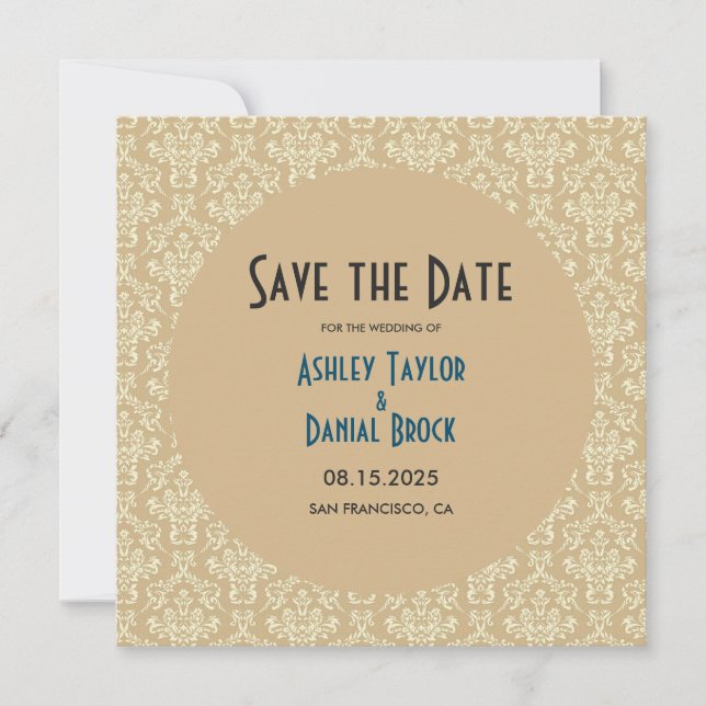 Elegant Mid Century Modern Damask Formal Wedding Save The Date (Front)