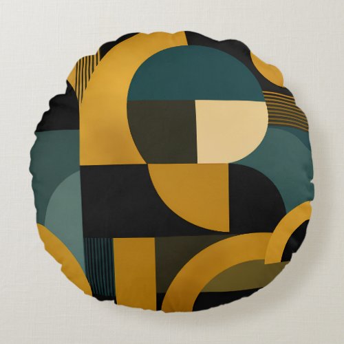 Elegant Mid-Century Modern Gold and Teal Geometric Round Pillow