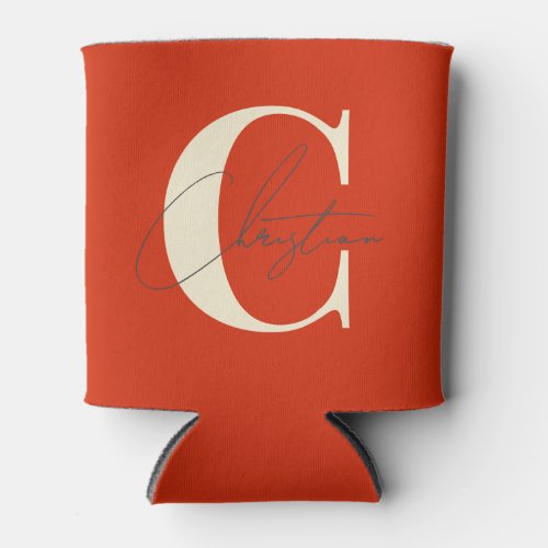 Elegant Mid-Century Modern Monogram  Blood Orange Can Cooler
