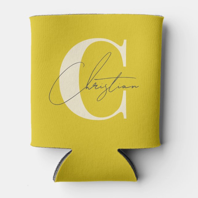 Elegant Mid-Century Modern Monogram Dark Lemon Can Cooler (Front)