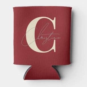 Elegant Mid-Century Modern Monogram Deep Cranberry Can Cooler