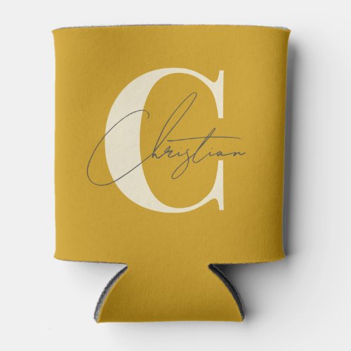 Elegant Mid-Century Modern Monogram Golden Ochre Can Cooler
