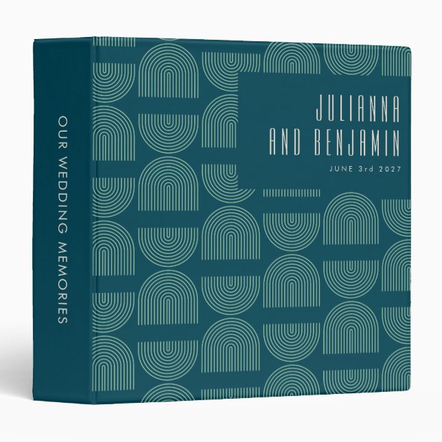 Elegant Mid Mod Arch Lines Teal Blue Wedding 3 Ring Binder (Front/Spine)