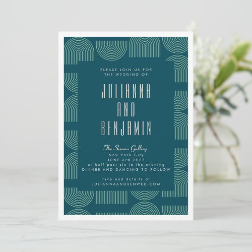 Elegant Mid Mod Arch Lines Teal Blue Wedding  Invitation