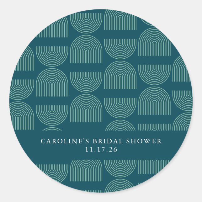 Elegant Mid Mod Arch Teal Custom Bridal Shower Classic Round Sticker (Front)