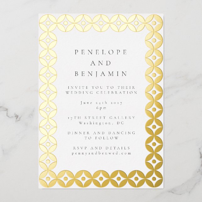 Elegant Mid Mod Geometric Wedding Chic White Gold Foil Invitation (Front)