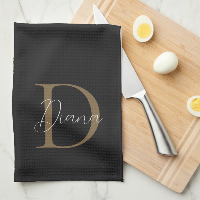 Elegant Midnight Black Mossy Gold Script Monogram Kitchen Towel (Quarter Fold)