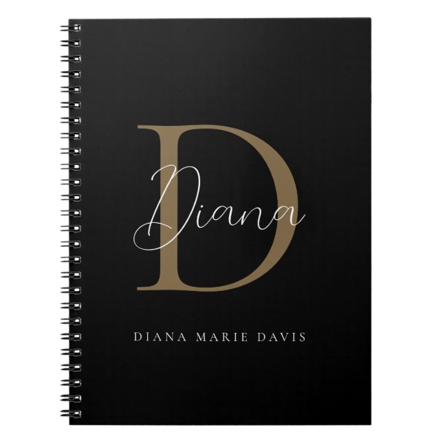 Elegant Midnight Black Mossy Gold Script Monogram Notebook (Front)