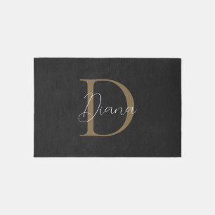 Elegant Midnight Black Mossy Gold Script Monogram Outdoor Rug