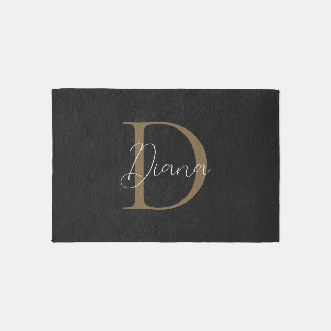 Elegant Midnight Black Mossy Gold Script Monogram Outdoor Rug (Front)