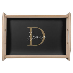Elegant Midnight Black Mossy Gold Script Monogram Serving Tray
