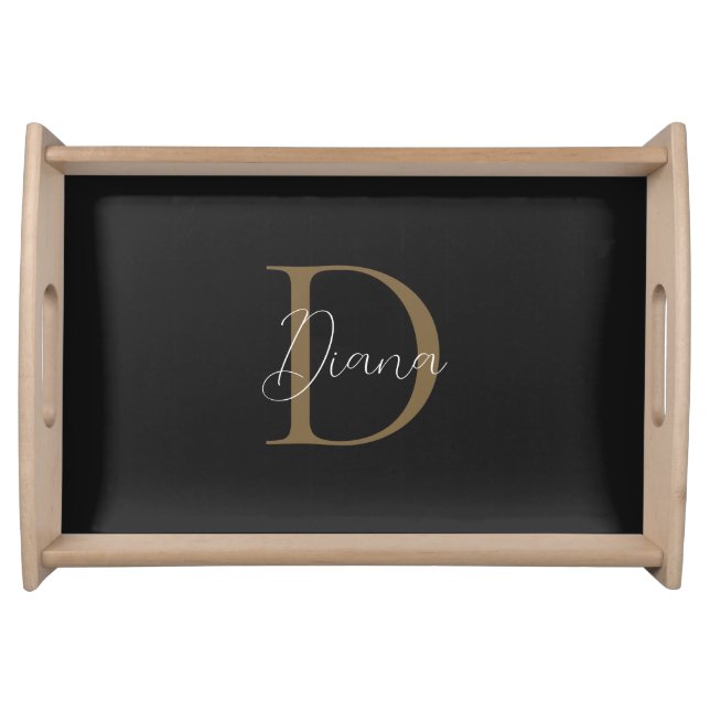 Elegant Midnight Black Mossy Gold Script Monogram Serving Tray (Front)