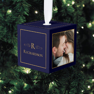 Elegant Midnight Blue 3 Photo Custom Christmas Cube Ornament