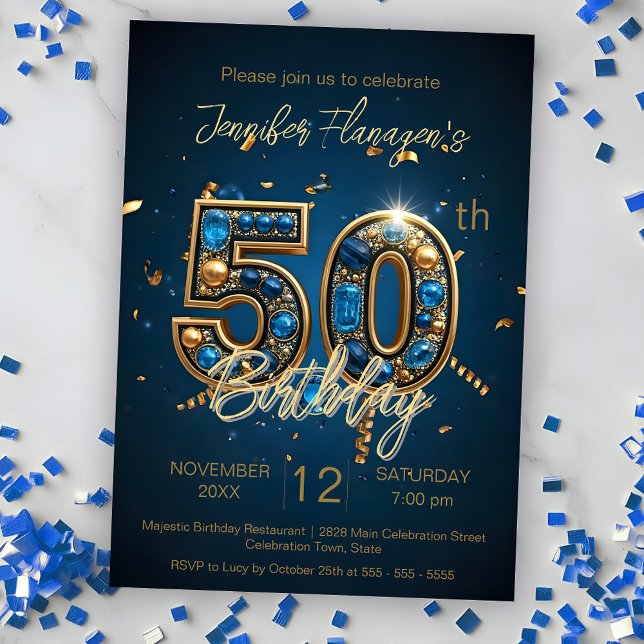 Elegant Midnight Blue and Gold 50th Birthday Party Invitation (Creator Uploaded)